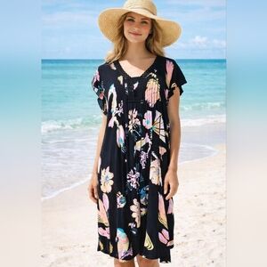 Tribal Femme Woman' Vacation Dress Size Medium Black Tropical Bird Floral Print